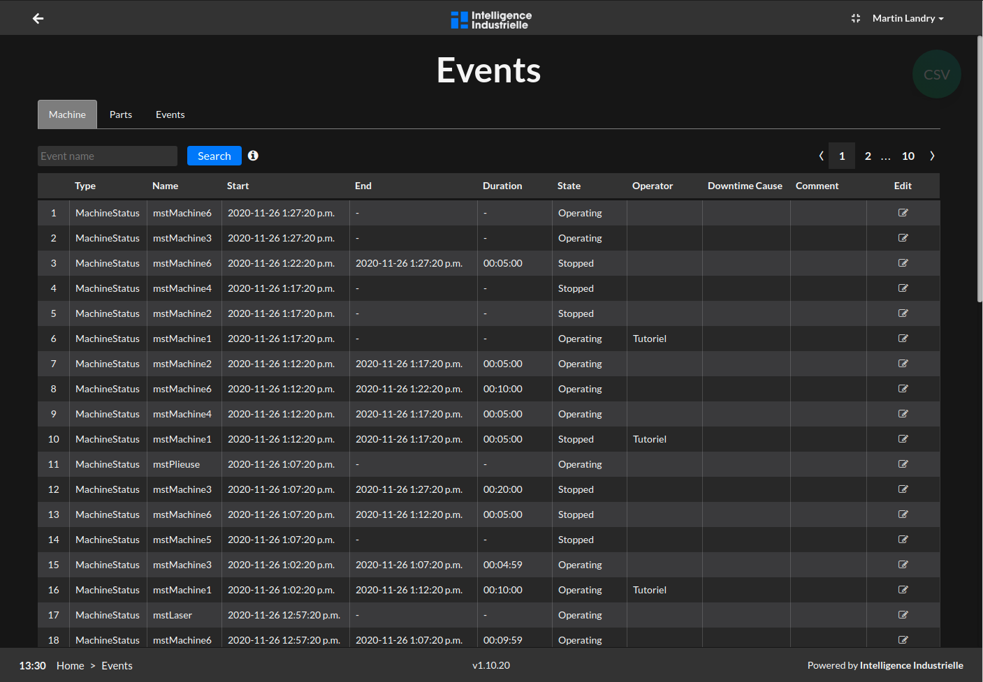 Machine events page